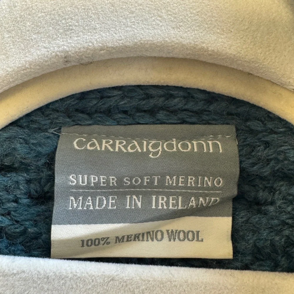 Carraig Donn Irish Merino Wool Cable Knit Cardigan Teal Blue XS Made in Ireland